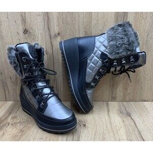 Guess Womens Black GW Leland Mid Calf Wedge Lace Up Faux Fur Winter Boots Sz 10M